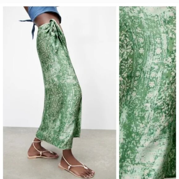 Zara Green Printed Wrap Style Midi Skirt with Beaded Waistband - SZ XL - Picture 3 of 7